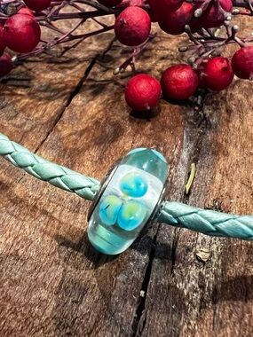 HTF Authentic Pandora Murano Flowers For You Clear Teal Charm Glass Bead Spring